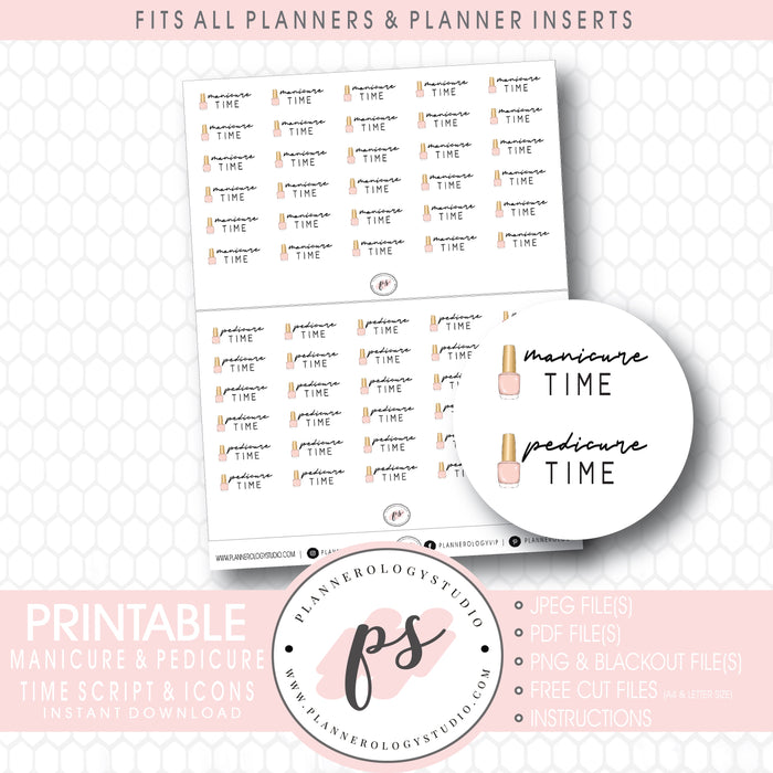 Manicure & Pedicure Time Bujo Script & Icon Digital Printable Planner Stickers