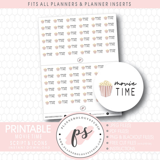 Movie Time Bujo Script & Icon Digital Printable Planner Stickers