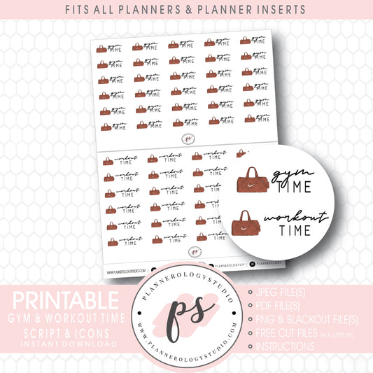 Gym & Workout Time Bujo Script & Icon Digital Printable Planner Stickers