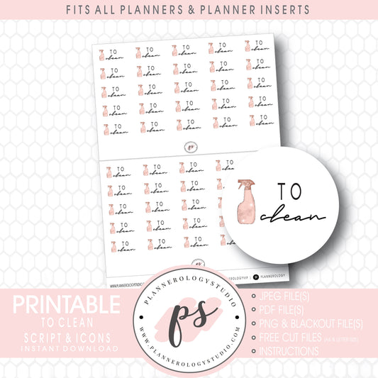To Clean Bujo Script & Icon Digital Printable Planner Stickers