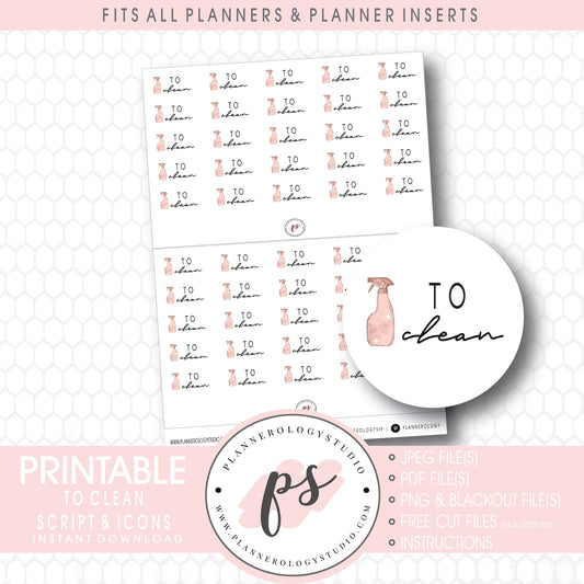 To Clean Bujo Script & Icon Digital Printable Planner Stickers