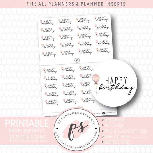 Happy Birthday Bujo Script & Icon Digital Printable Planner Stickers