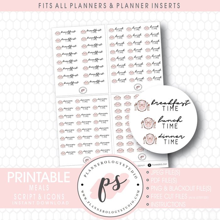 Various Meals (Breakfast, Lunch & Dinner Time) Bujo Script & Icon Digital Printable Planner Stickers