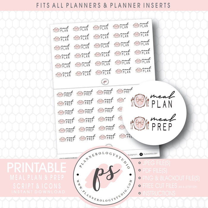 Meal Plan & Meal Prep Bujo Script & Icon Digital Printable Planner Stickers