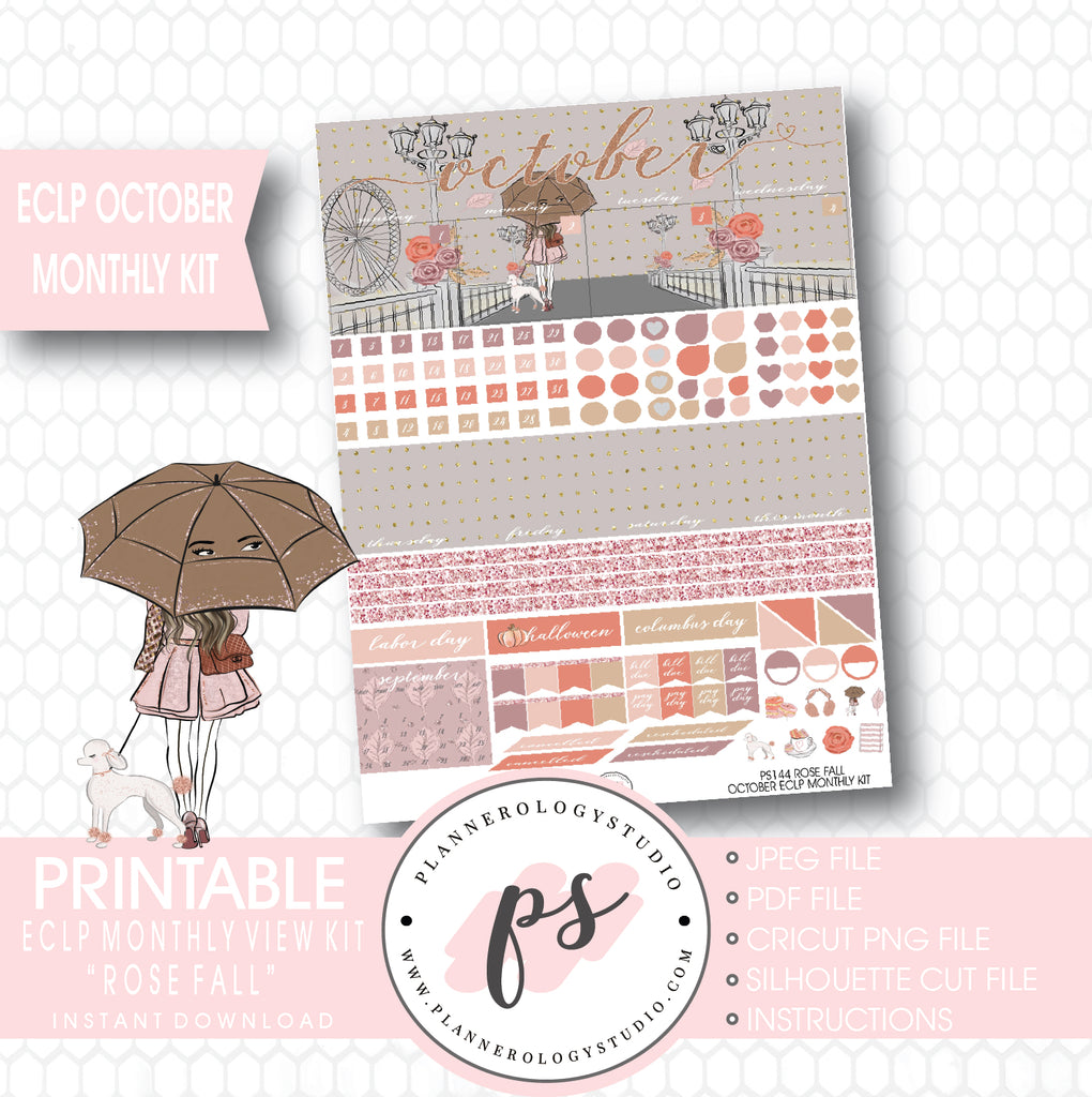 Rose Fall October 2017 Monthly View Kit Printable Planner Stickers (for use with ECLP) - Plannerologystudio