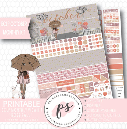 Rose Fall (Dark Skin Tone) October 2017 Monthly View Kit Printable Planner Stickers (for use with ECLP) - Plannerologystudio