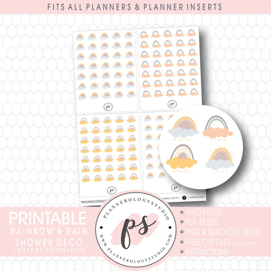 Decorative Scandi Rainbow & Rain Shower Doodle Deco Icons Digital Printable Planner Stickers