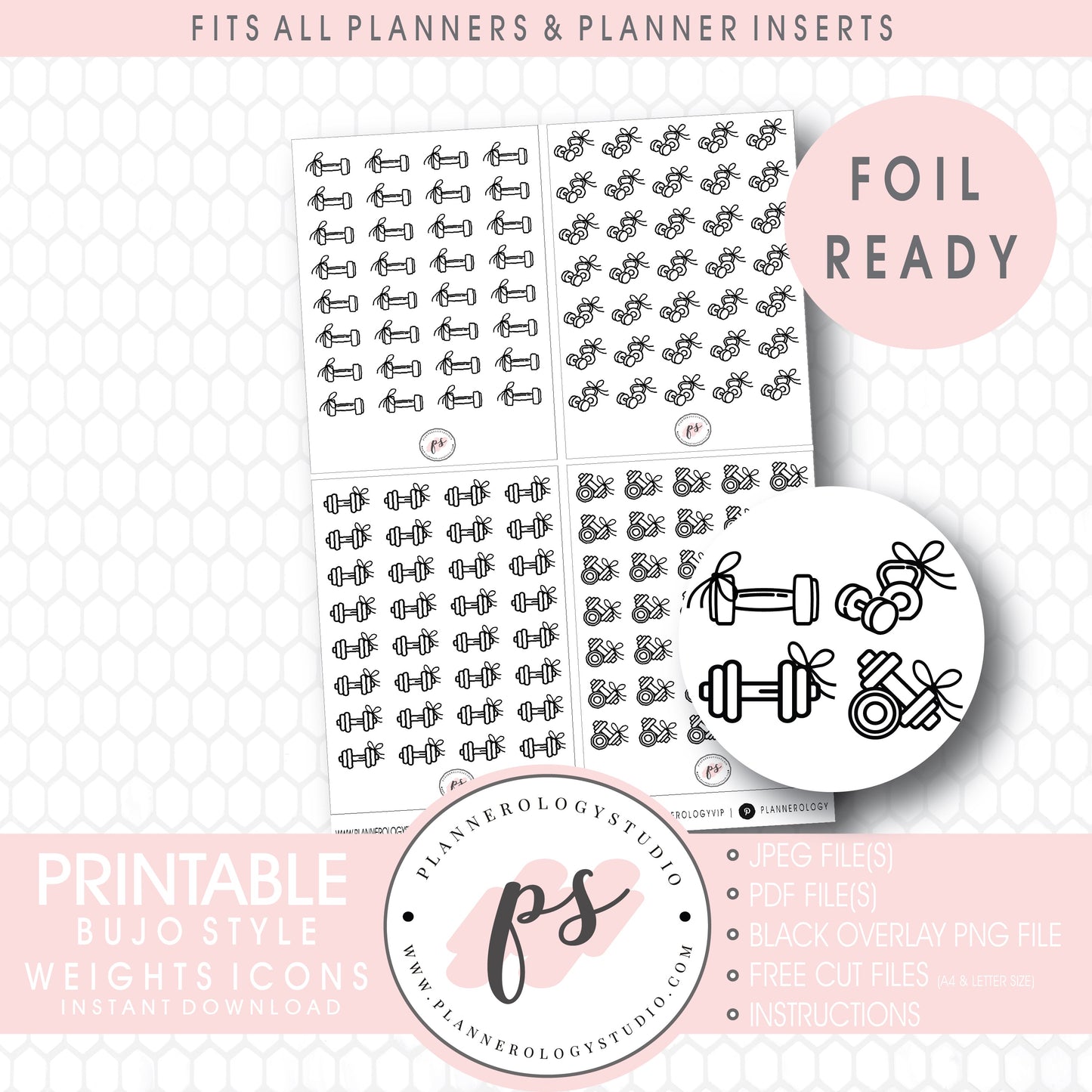 Gym Weights with Bows Icon Digital Printable Planner Stickers (Foil Ready)