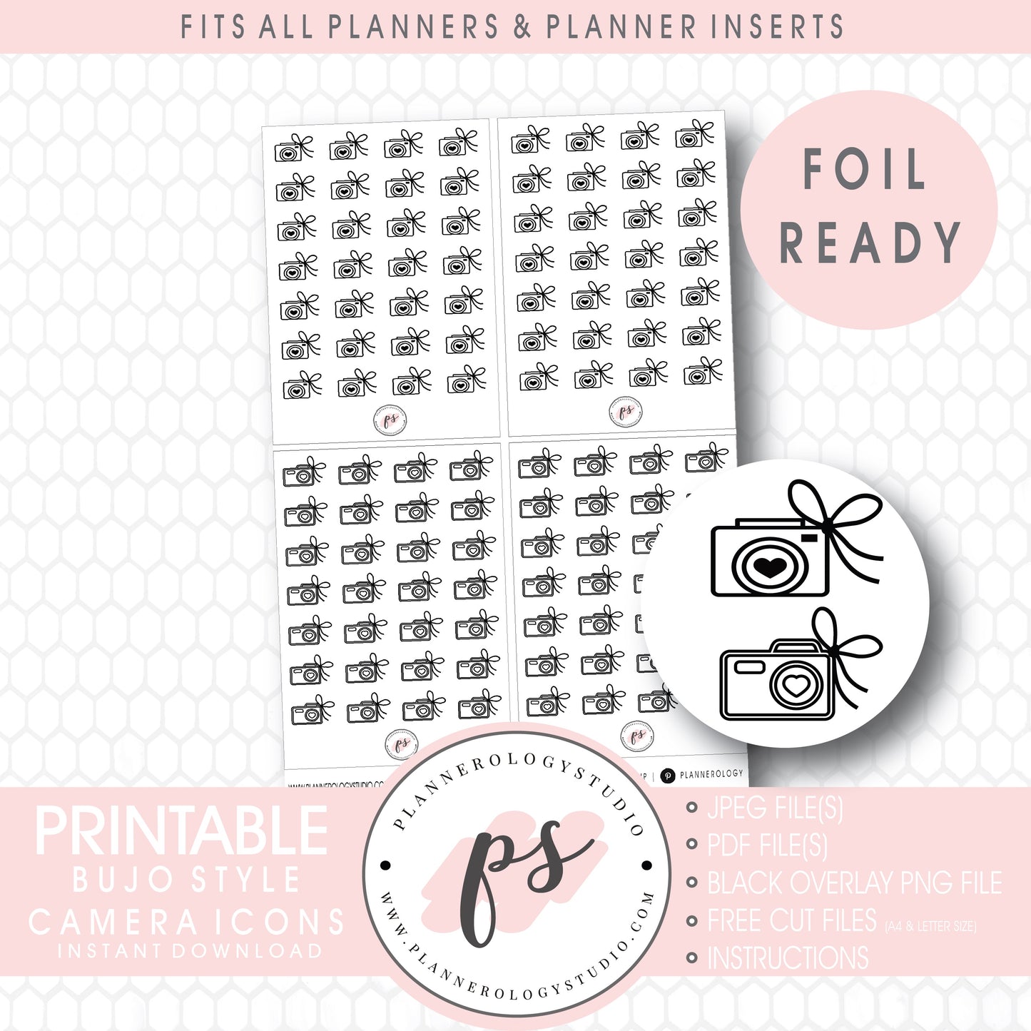 Cameras with Bows Icon Digital Printable Planner Stickers (Foil Ready)
