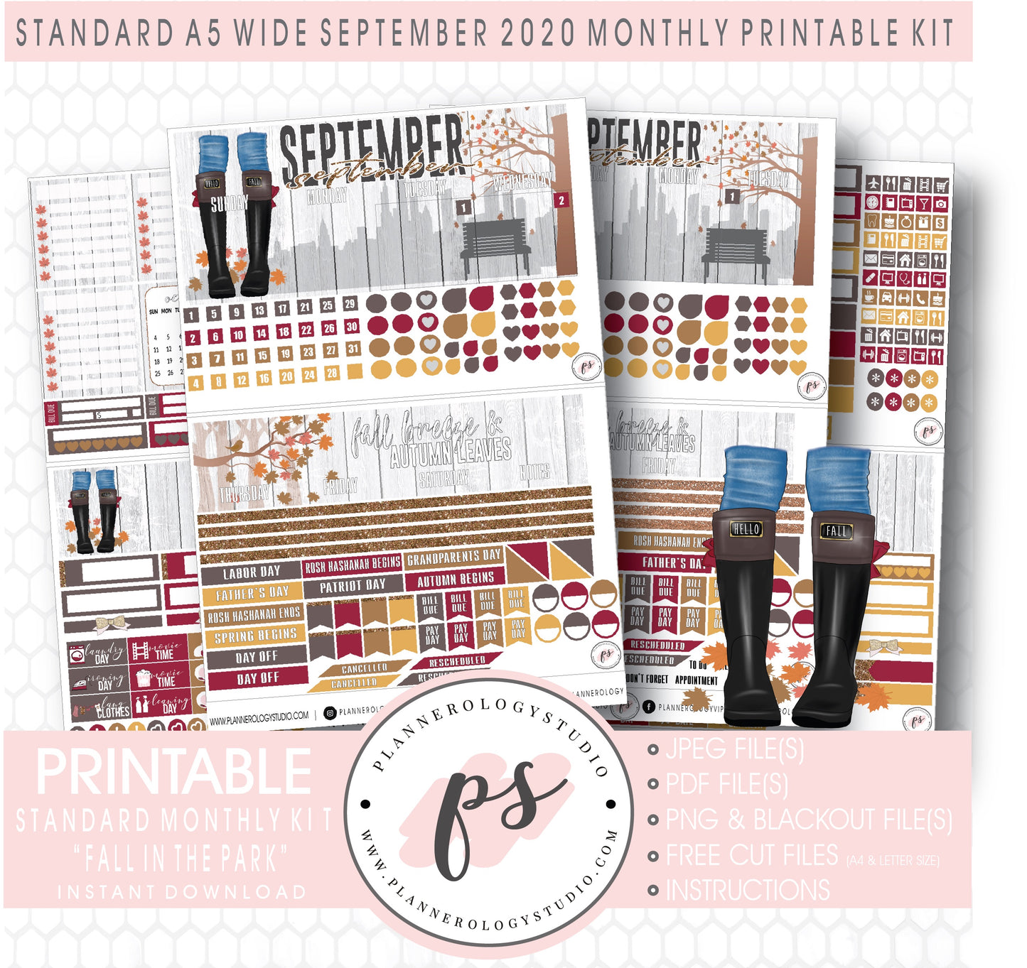 Fall in the Park September 2020 Monthly Kit Digital Printable Planner Stickers (for use with Standard A5 Wide Planners)