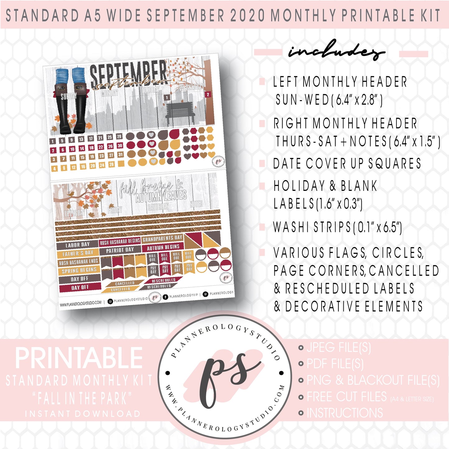Fall in the Park September 2020 Monthly Kit Digital Printable Planner Stickers (for use with Standard A5 Wide Planners)