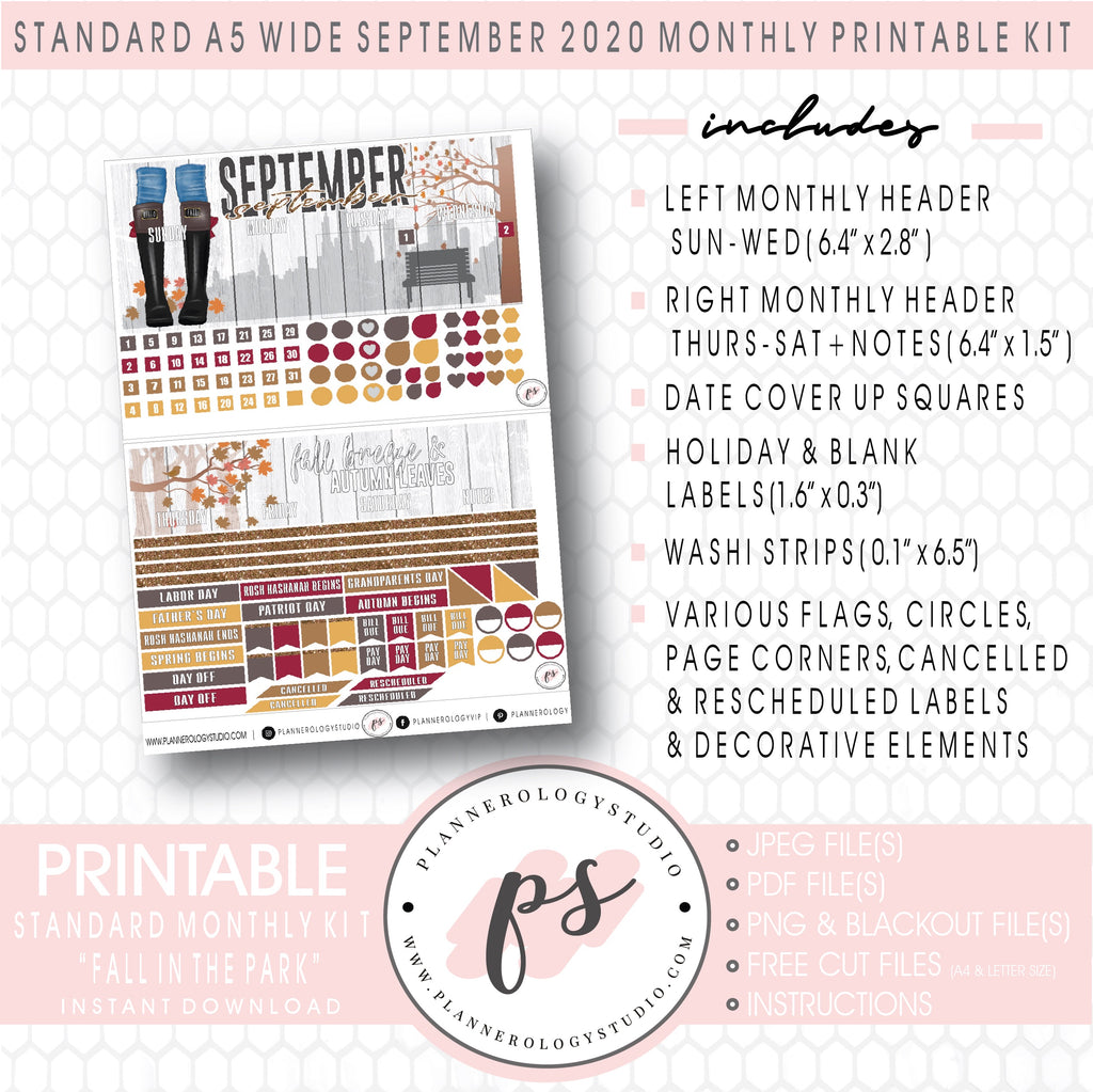 Fall in the Park September 2020 Monthly Kit Digital Printable Planner Stickers (for use with Standard A5 Wide Planners)