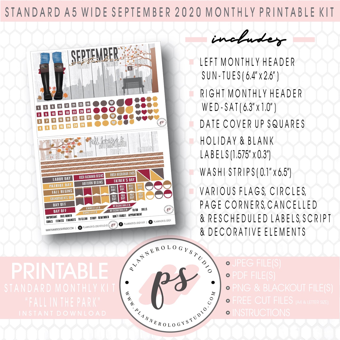 Fall in the Park September 2020 Monthly Kit Digital Printable Planner Stickers (for use with Standard A5 Wide Planners)
