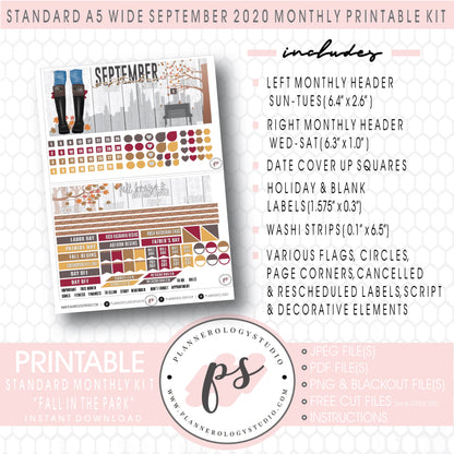 Fall in the Park September 2020 Monthly Kit Digital Printable Planner Stickers (for use with Standard A5 Wide Planners)