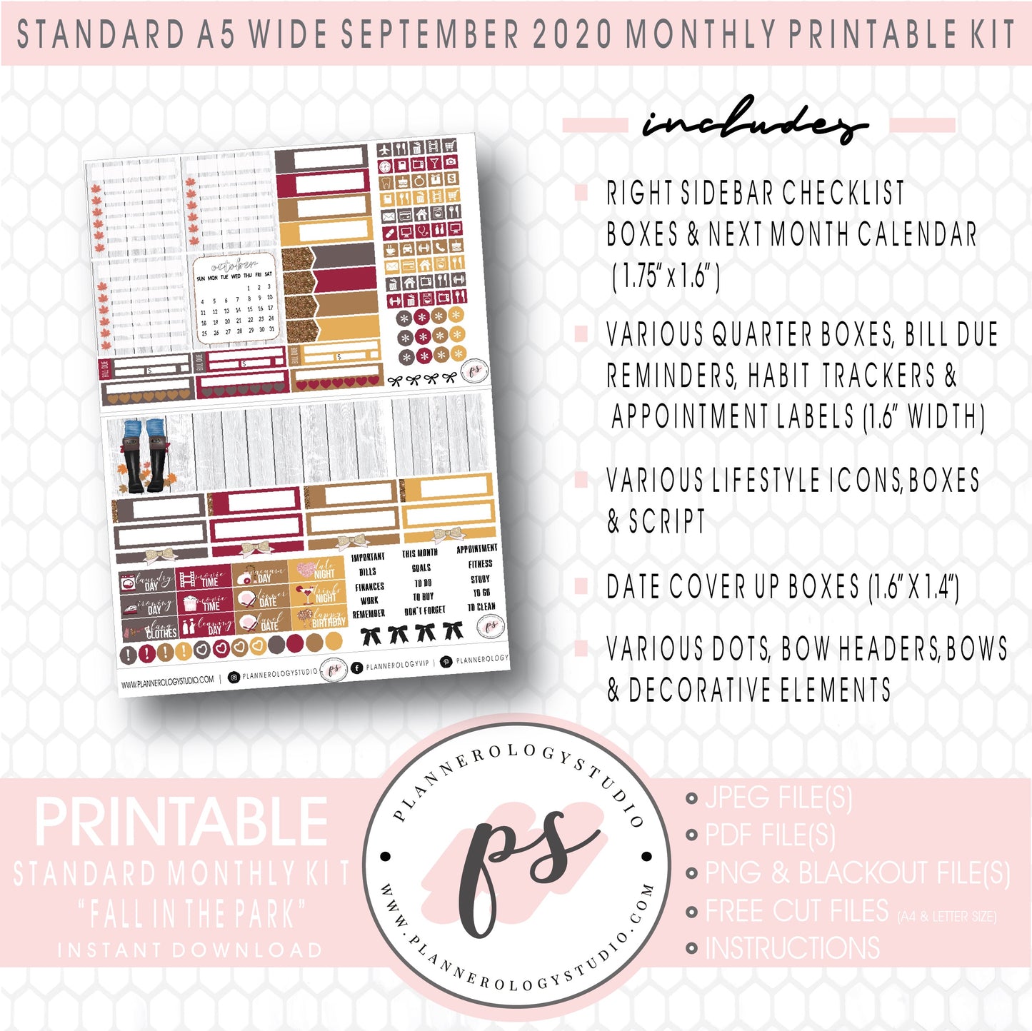 Fall in the Park September 2020 Monthly Kit Digital Printable Planner Stickers (for use with Standard A5 Wide Planners)