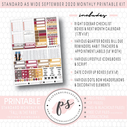 Fall in the Park September 2020 Monthly Kit Digital Printable Planner Stickers (for use with Standard A5 Wide Planners)
