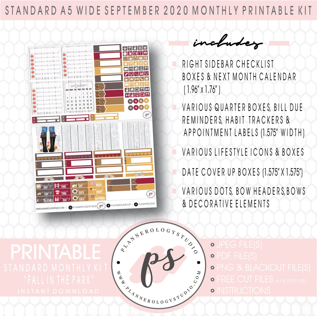 Fall in the Park September 2020 Monthly Kit Digital Printable Planner Stickers (for use with Standard A5 Wide Planners)