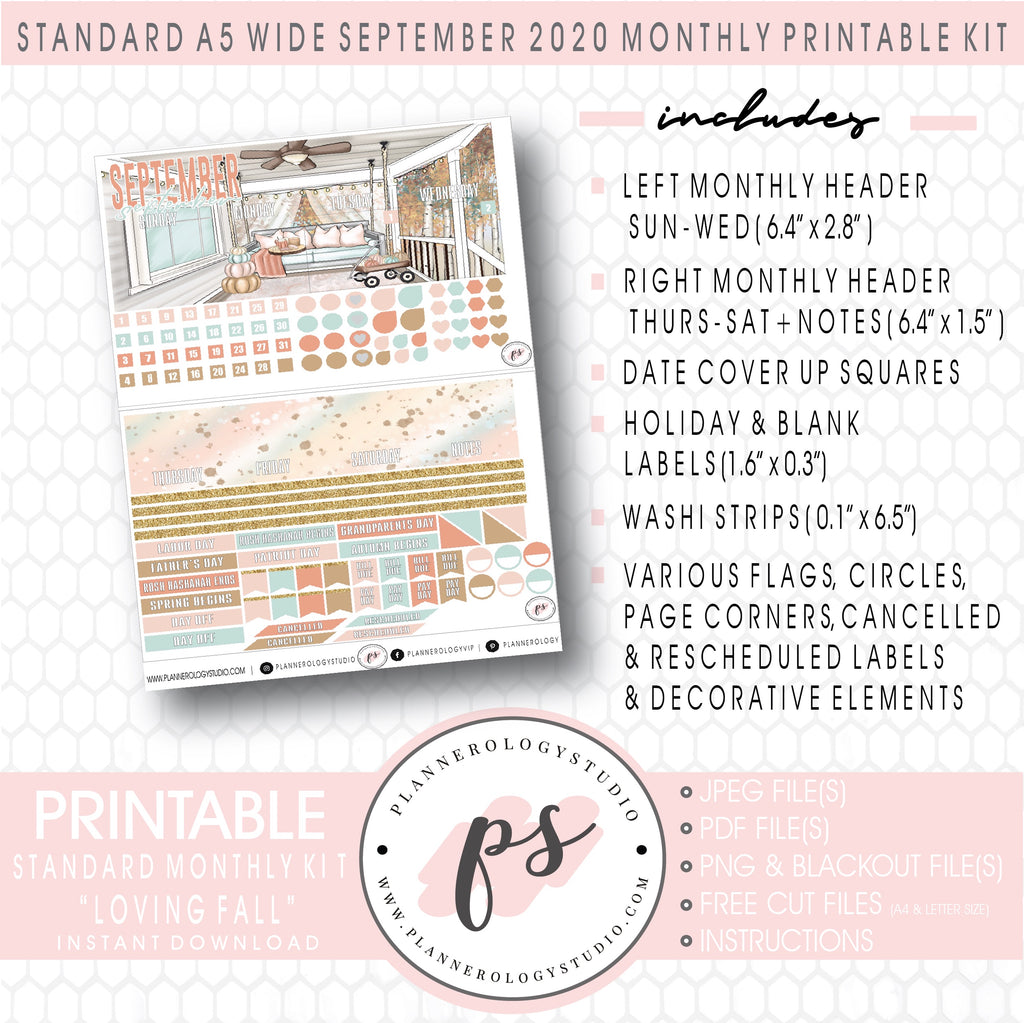 Loving Fall September 2020 Monthly Kit Digital Printable Planner Stickers (for use with Standard A5 Wide Planners)