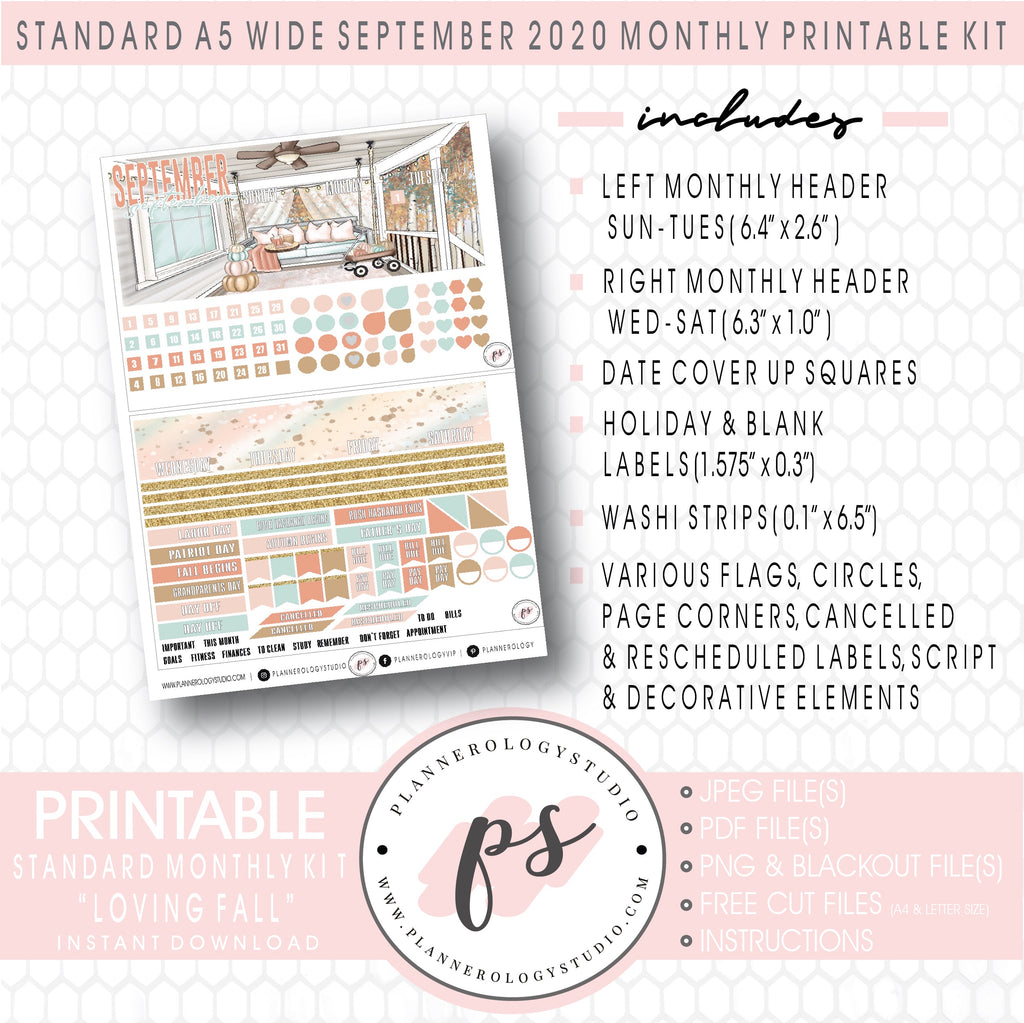 Loving Fall September 2020 Monthly Kit Digital Printable Planner Stickers (for use with Standard A5 Wide Planners)