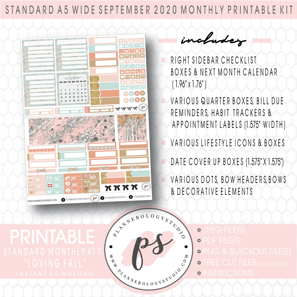 Loving Fall September 2020 Monthly Kit Digital Printable Planner Stickers (for use with Standard A5 Wide Planners)