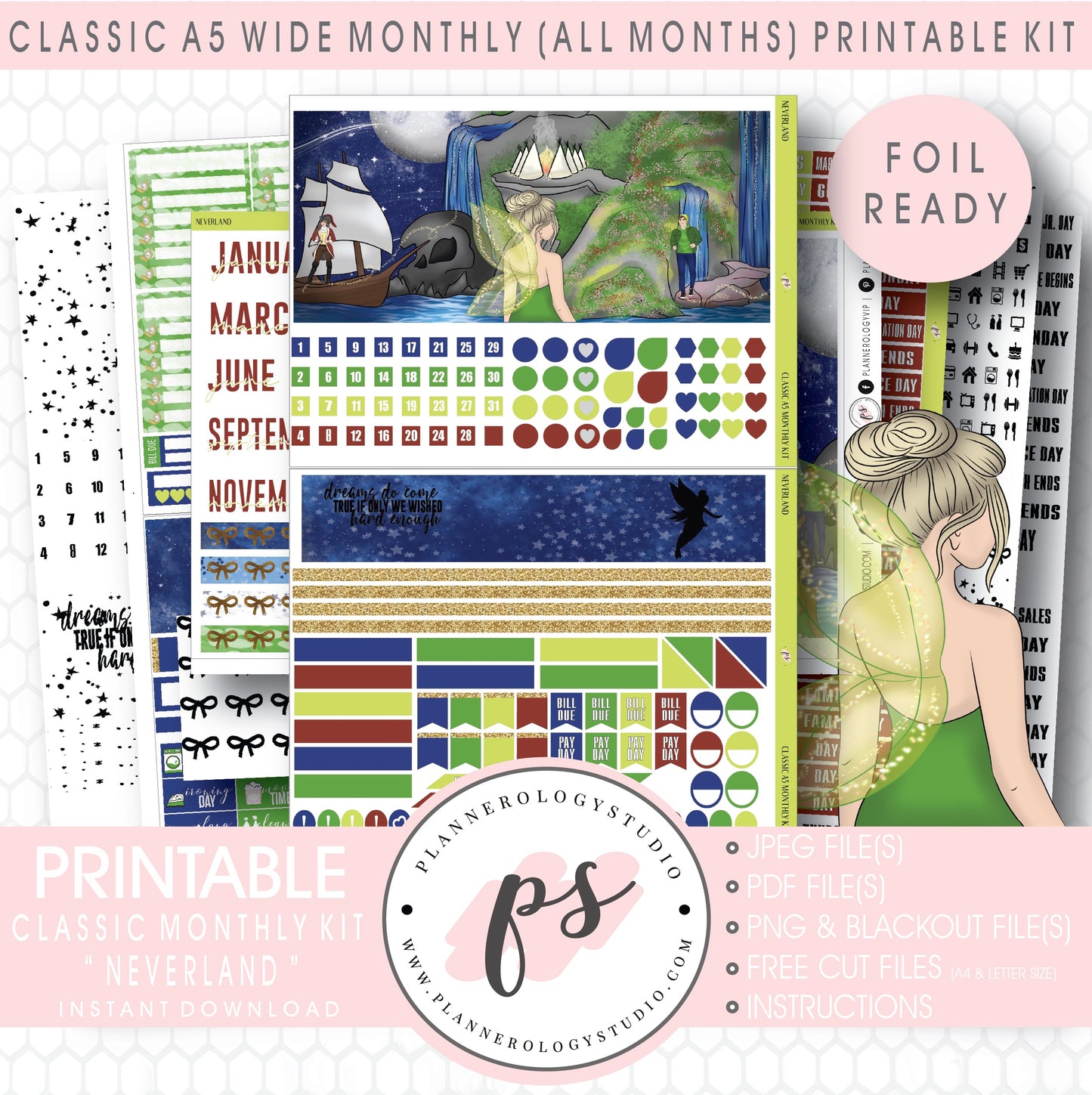 Neverland Foil Ready Monthly Kit Digital Printable Planner Stickers (Undated All Months for Classic A5 Wide Planners)