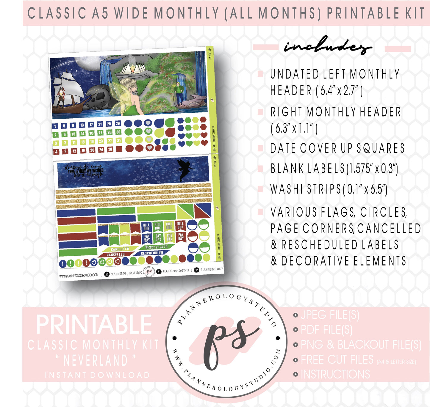 Neverland Foil Ready Monthly Kit Digital Printable Planner Stickers (Undated All Months for Classic A5 Wide Planners)