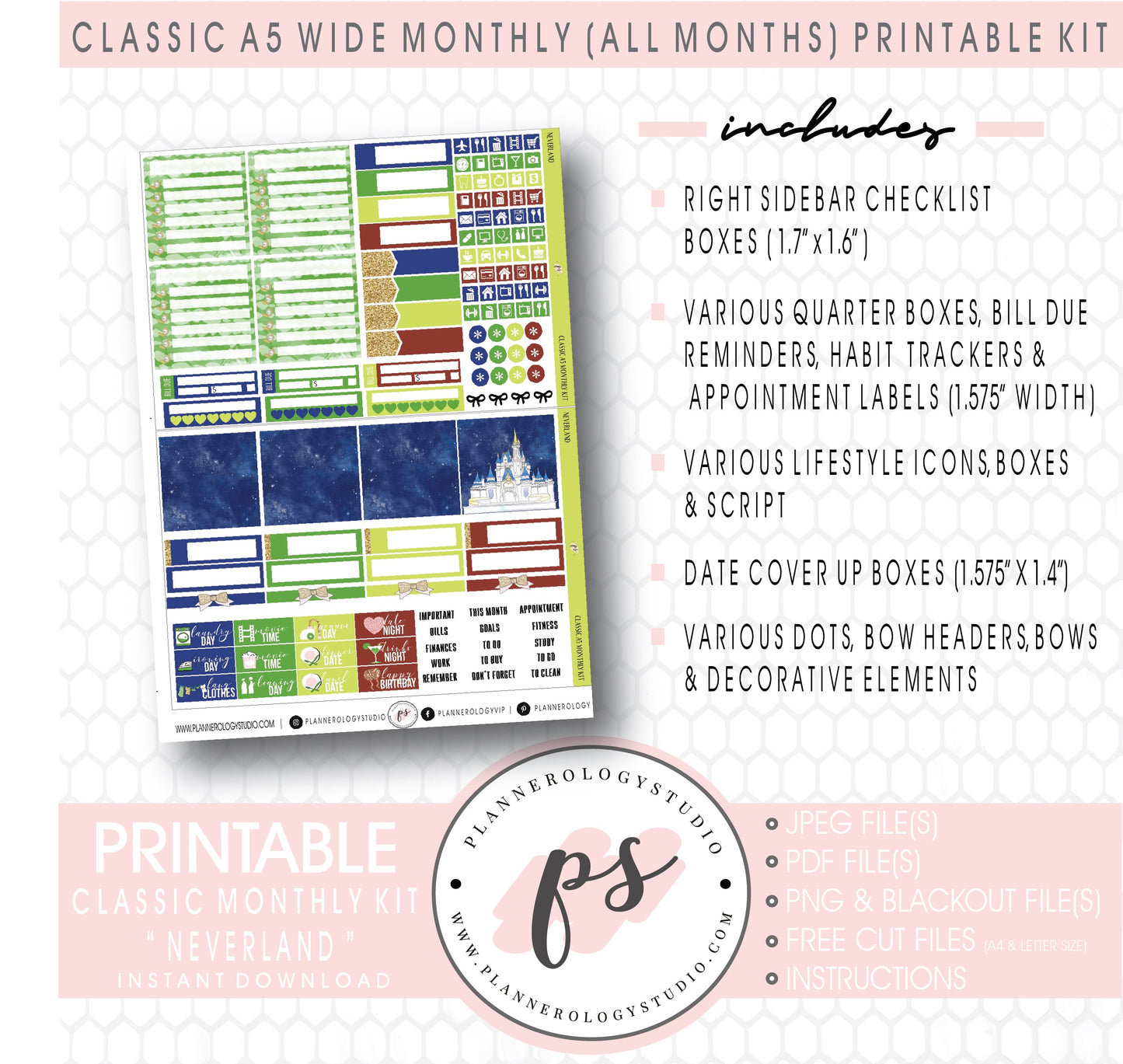 Neverland Foil Ready Monthly Kit Digital Printable Planner Stickers (Undated All Months for Classic A5 Wide Planners)