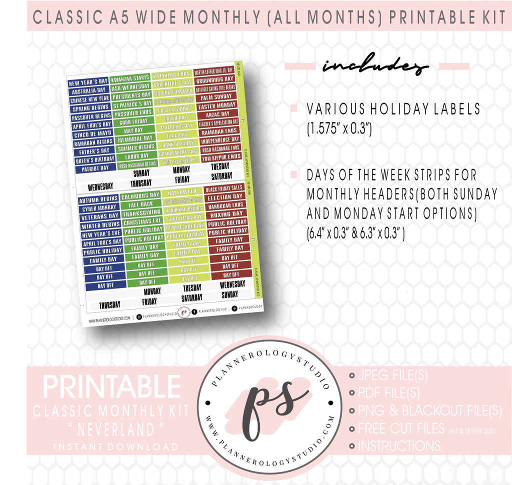 Neverland Foil Ready Monthly Kit Digital Printable Planner Stickers (Undated All Months for Classic A5 Wide Planners)