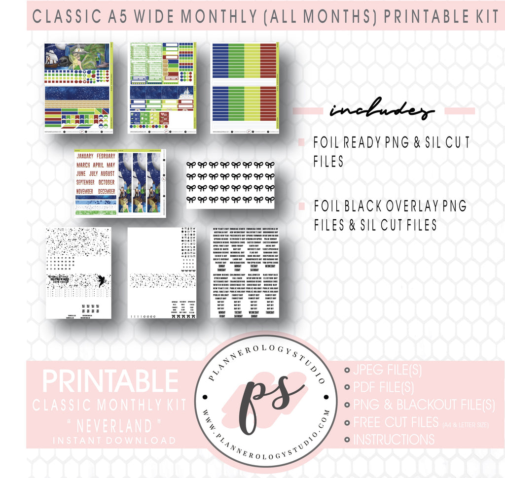 Neverland Foil Ready Monthly Kit Digital Printable Planner Stickers (Undated All Months for Classic A5 Wide Planners)