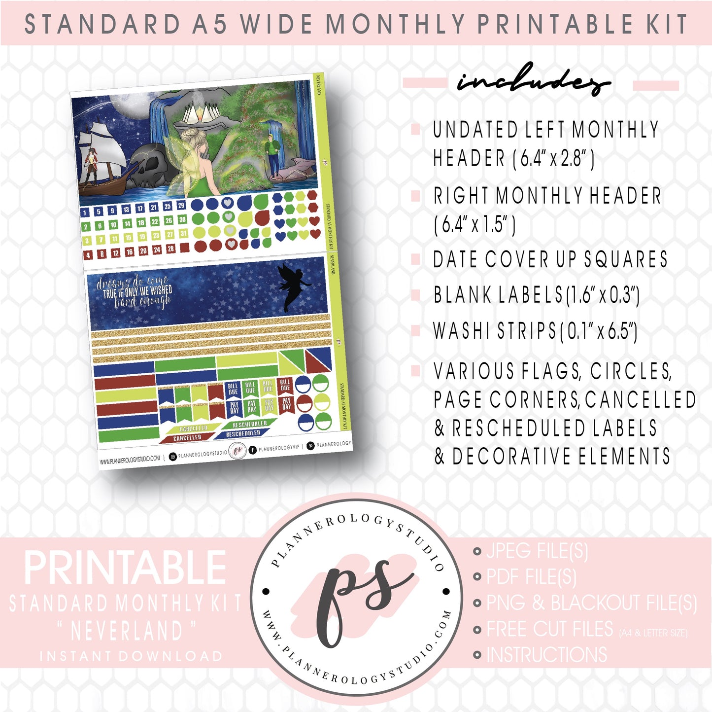 Neverland Foil Ready Monthly Kit Digital Printable Planner Stickers (Undated All Months for Standard A5 Wide Planners)