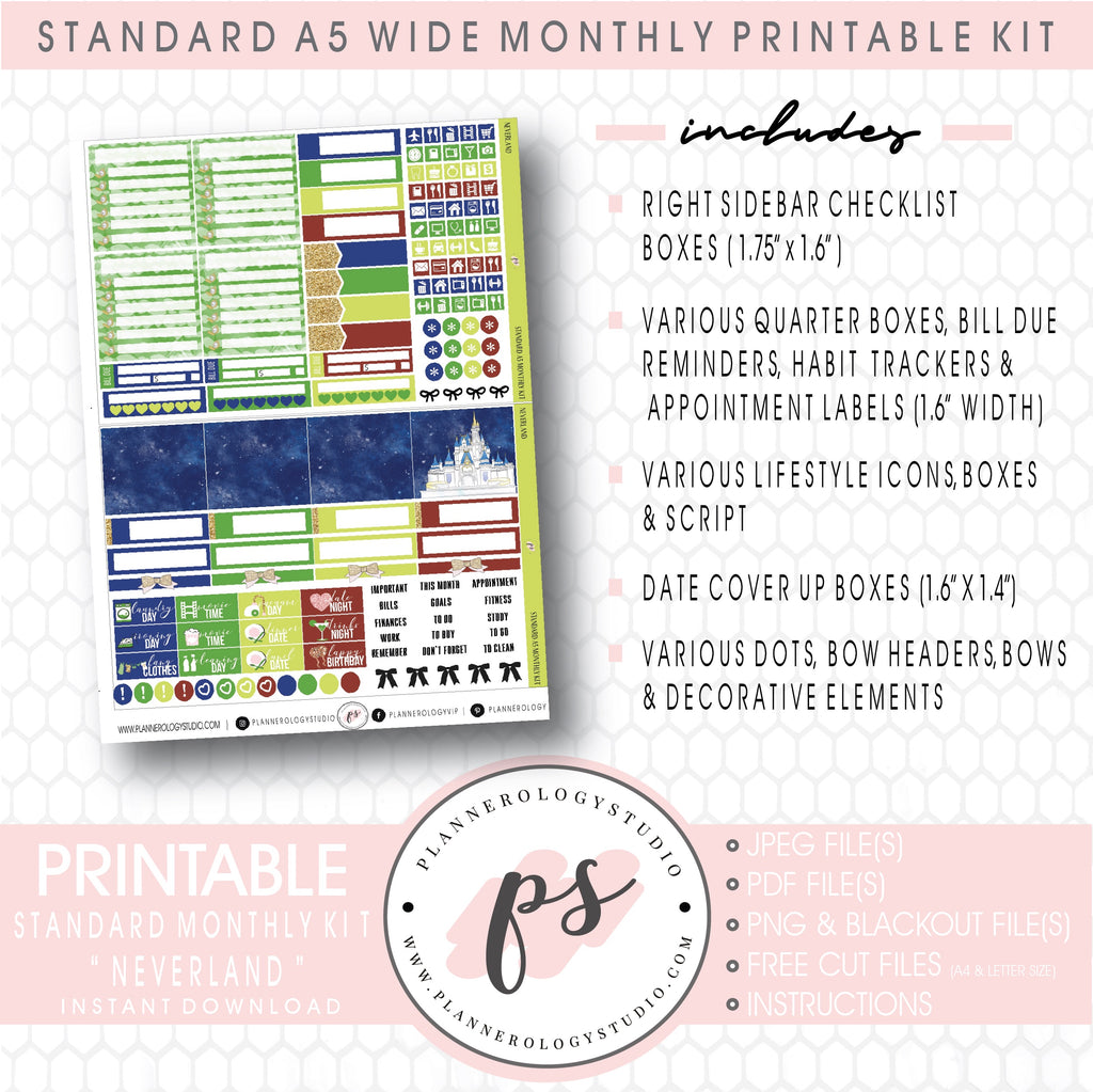 Neverland Foil Ready Monthly Kit Digital Printable Planner Stickers (Undated All Months for Standard A5 Wide Planners)