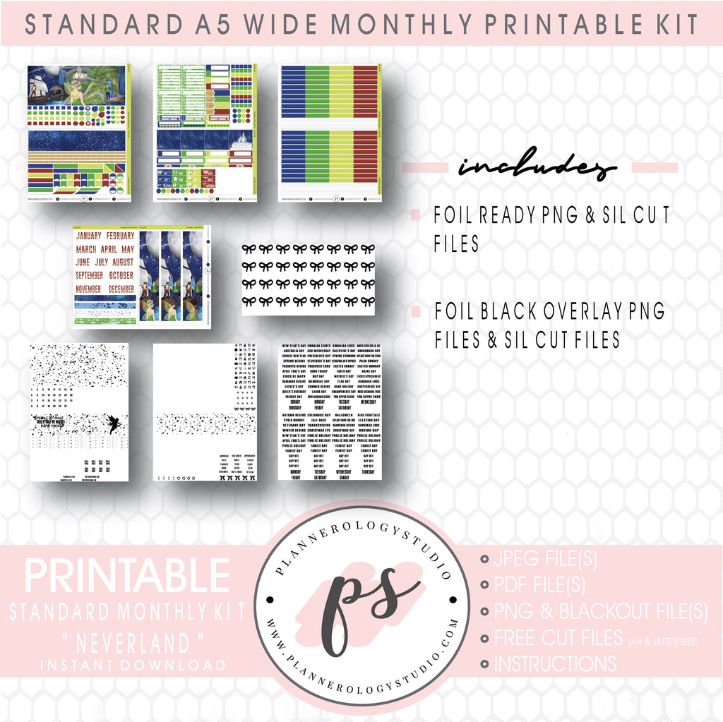 Neverland Foil Ready Monthly Kit Digital Printable Planner Stickers (Undated All Months for Standard A5 Wide Planners)