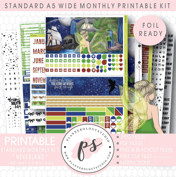 Neverland Foil Ready Monthly Kit Digital Printable Planner Stickers (Undated All Months for Standard A5 Wide Planners)
