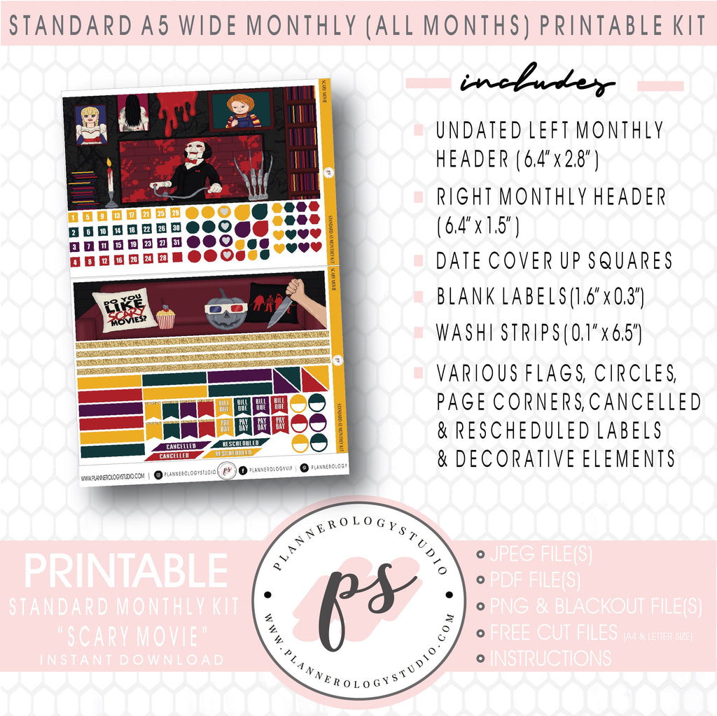 Scary Movie Foil Ready Monthly Kit Digital Printable Planner Stickers (Undated All Months for Standard A5 Wide Planners)