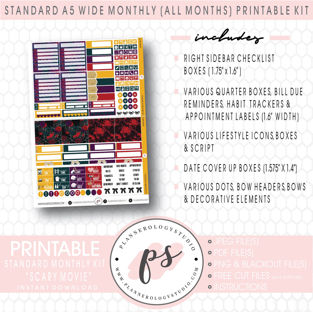Scary Movie Foil Ready Monthly Kit Digital Printable Planner Stickers (Undated All Months for Standard A5 Wide Planners)