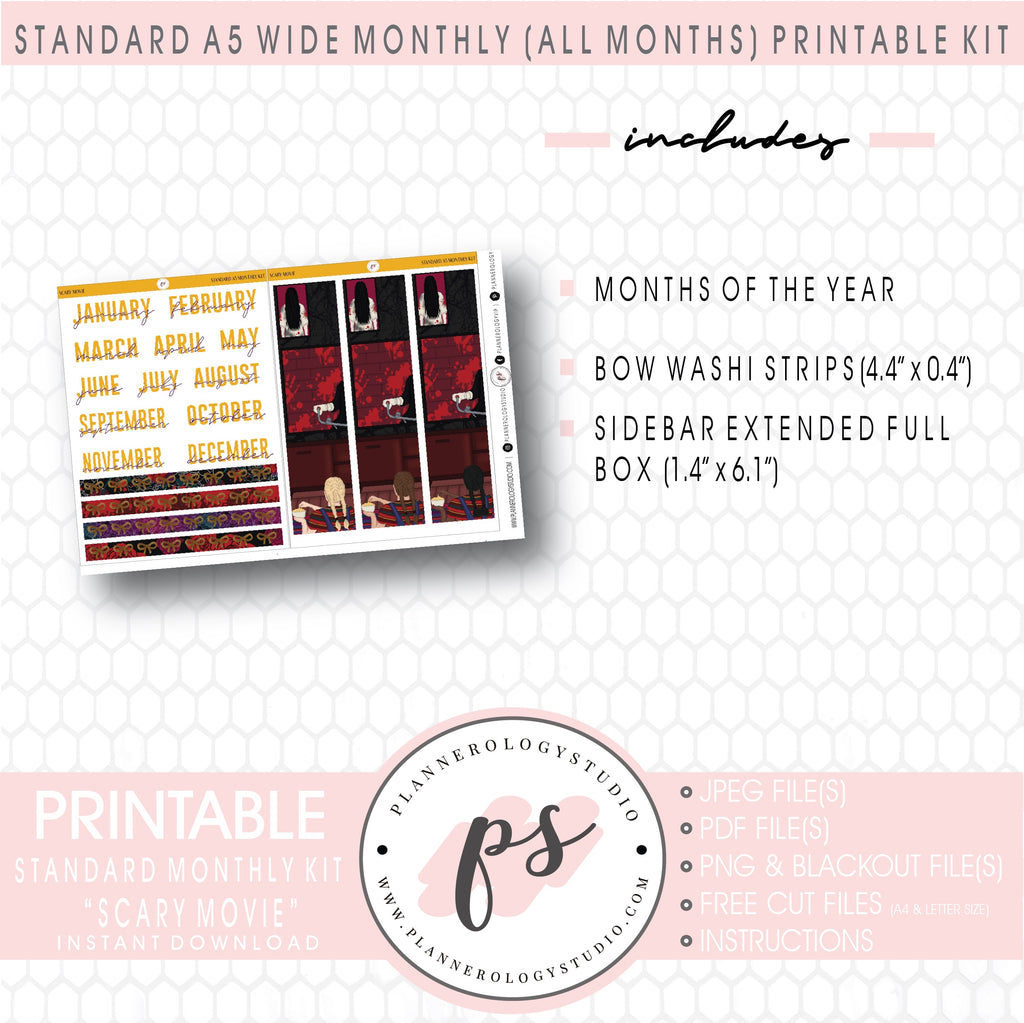 Scary Movie Foil Ready Monthly Kit Digital Printable Planner Stickers (Undated All Months for Standard A5 Wide Planners)