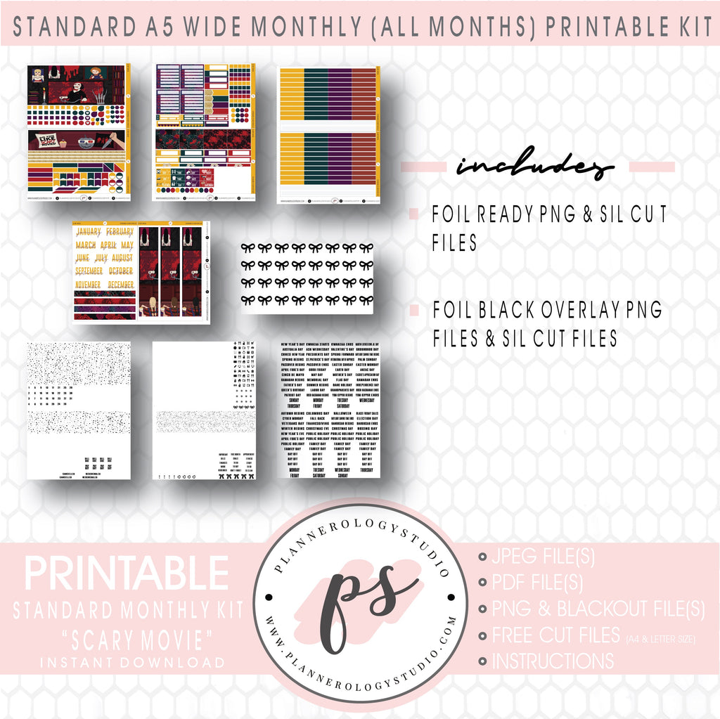 Scary Movie Foil Ready Monthly Kit Digital Printable Planner Stickers (Undated All Months for Standard A5 Wide Planners)