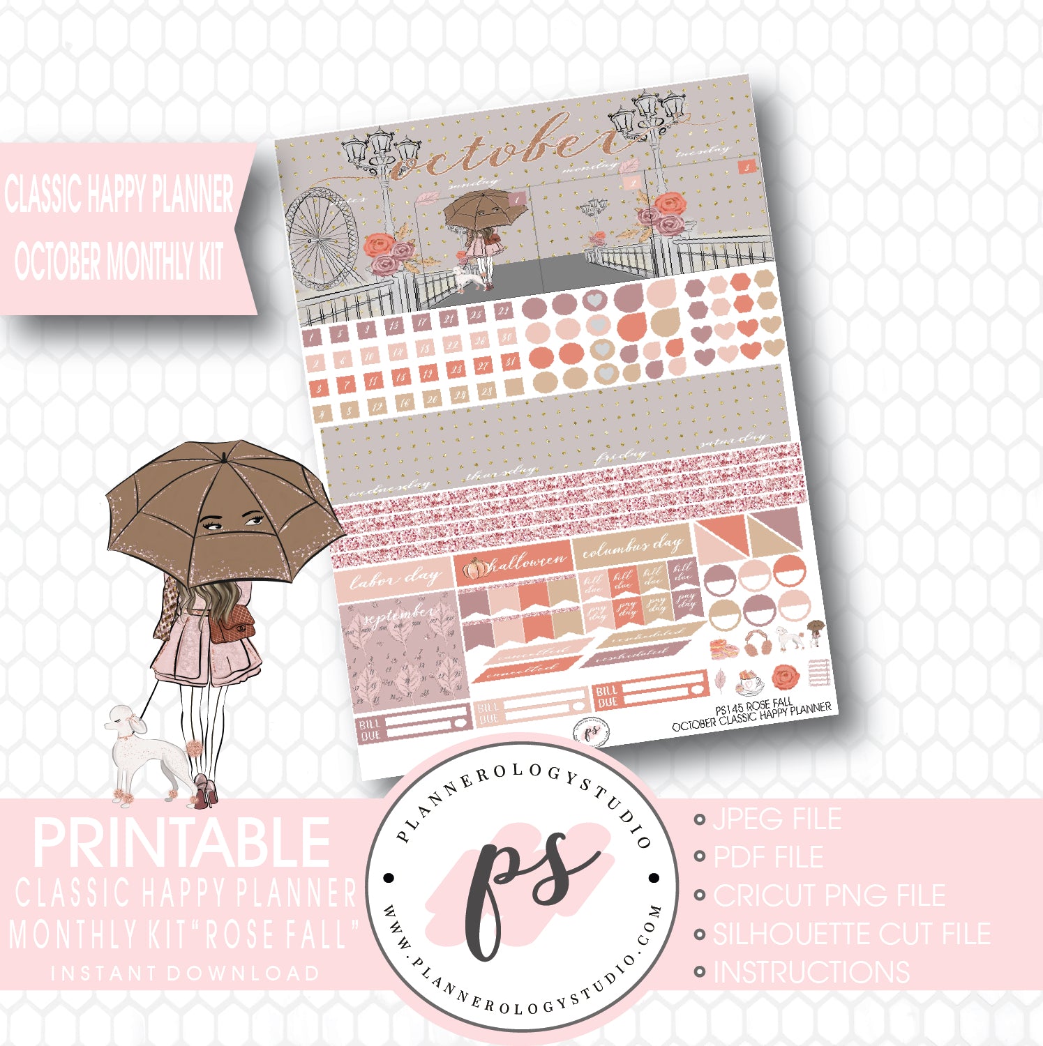 Rose Fall October 2017 Monthly View Kit Printable Planner Stickers (for use with Classic Happy Planner) - Plannerologystudio