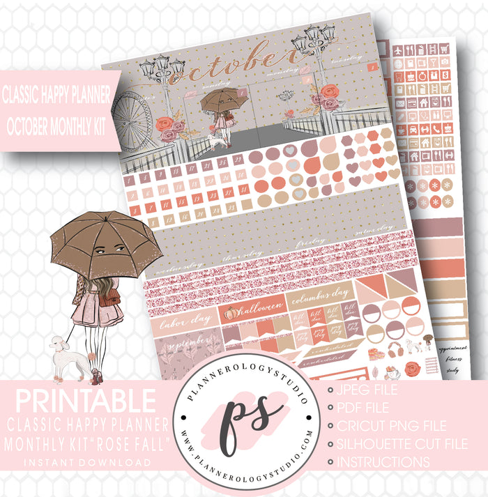 Rose Fall October 2017 Monthly View Kit Printable Planner Stickers (for use with Classic Happy Planner) - Plannerologystudio