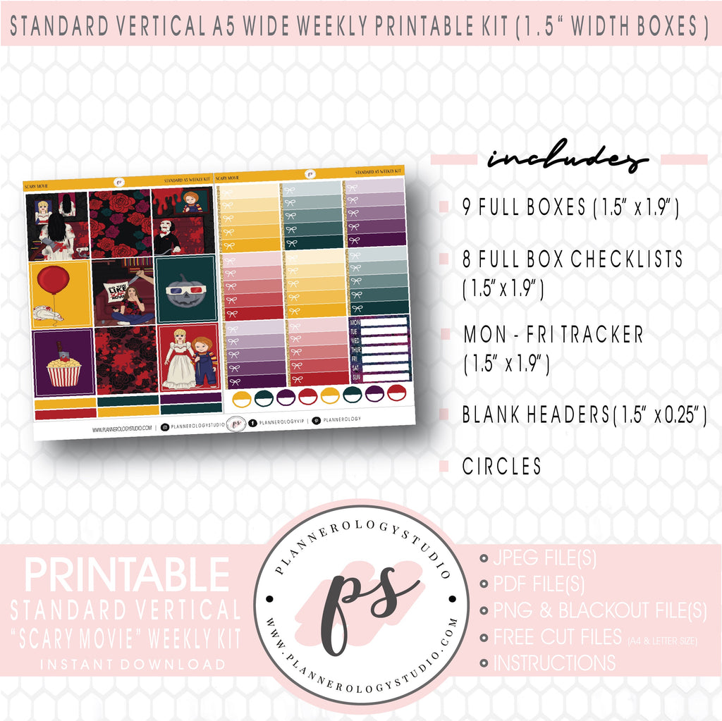 Scary Movie (Halloween) Weekly Digital Printable Planner Stickers Kit (for use with Standard Vertical A5 Wide Planners)