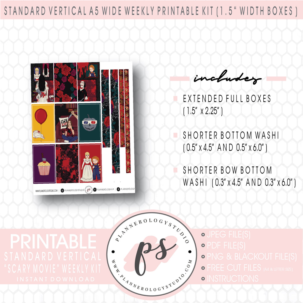 Scary Movie (Halloween) Weekly Digital Printable Planner Stickers Kit (for use with Standard Vertical A5 Wide Planners)