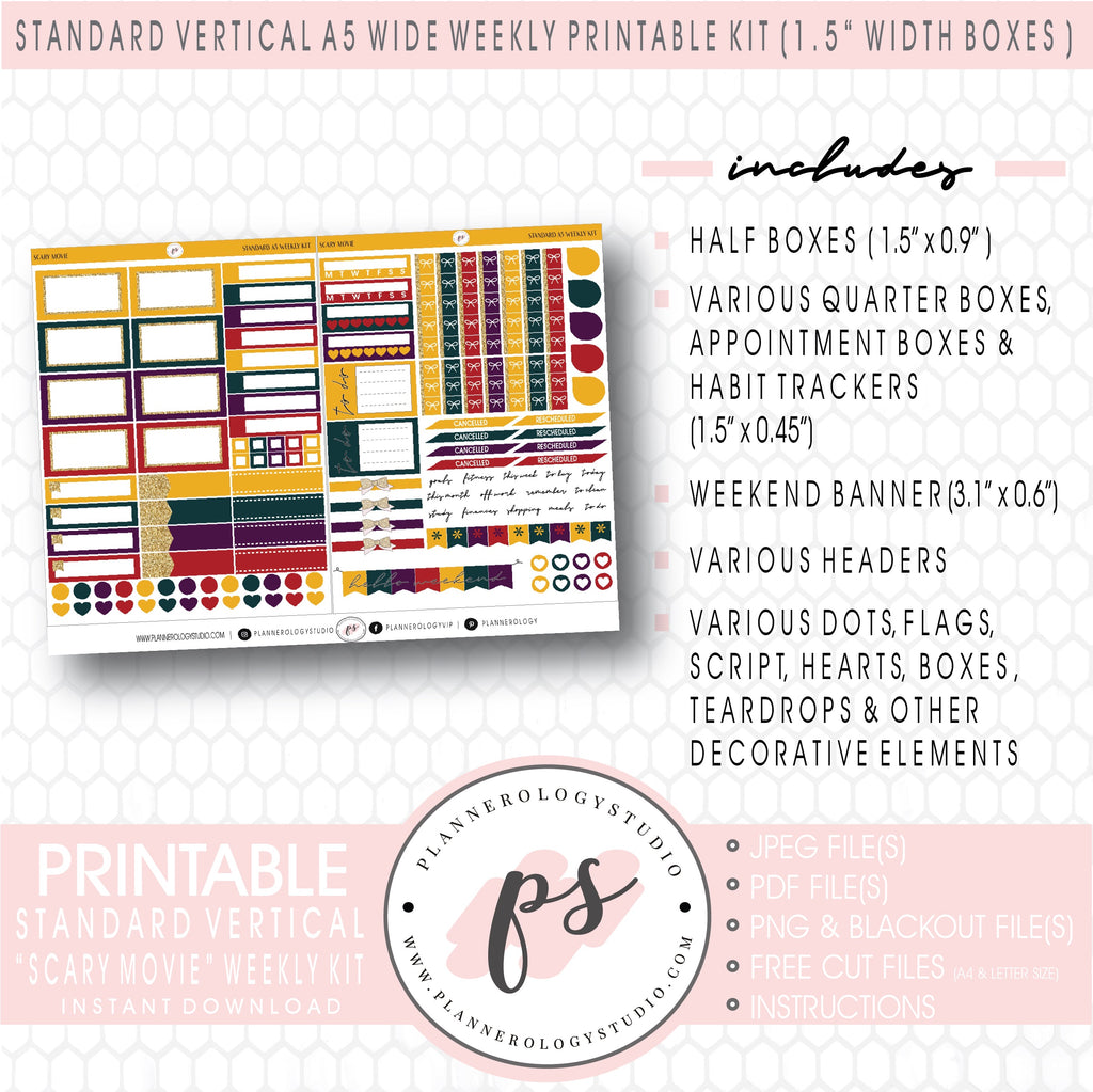 Scary Movie (Halloween) Weekly Digital Printable Planner Stickers Kit (for use with Standard Vertical A5 Wide Planners)