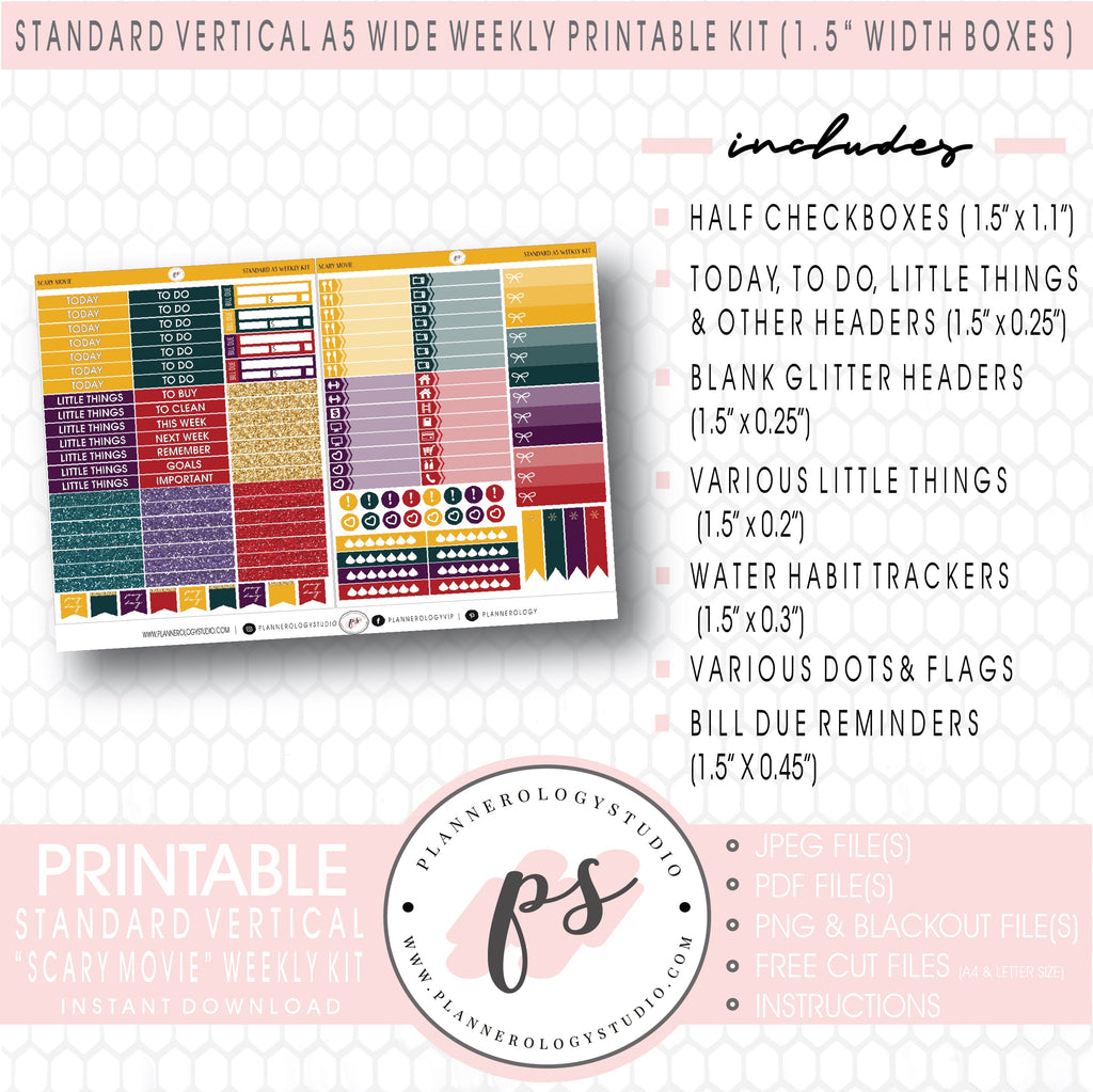 Scary Movie (Halloween) Weekly Digital Printable Planner Stickers Kit (for use with Standard Vertical A5 Wide Planners)