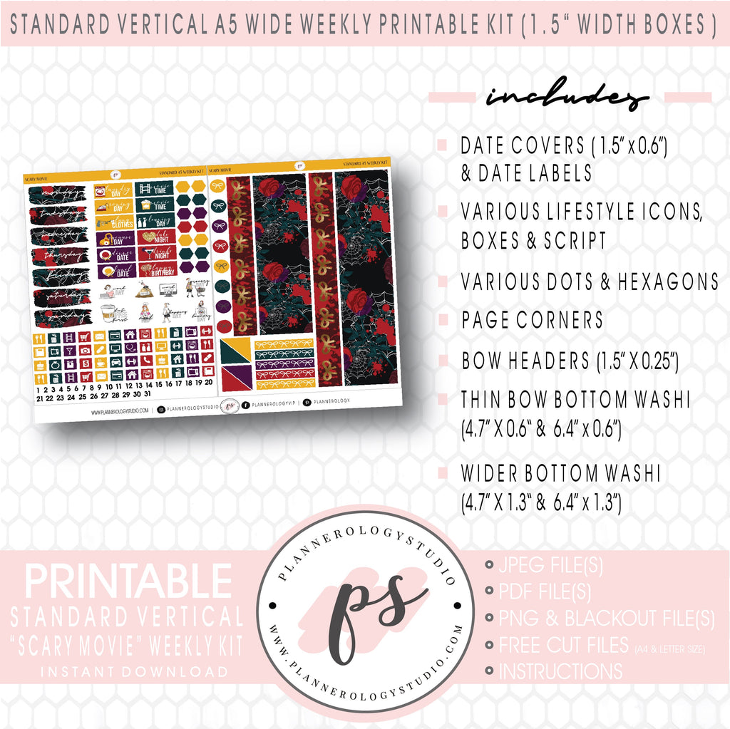 Scary Movie (Halloween) Weekly Digital Printable Planner Stickers Kit (for use with Standard Vertical A5 Wide Planners)