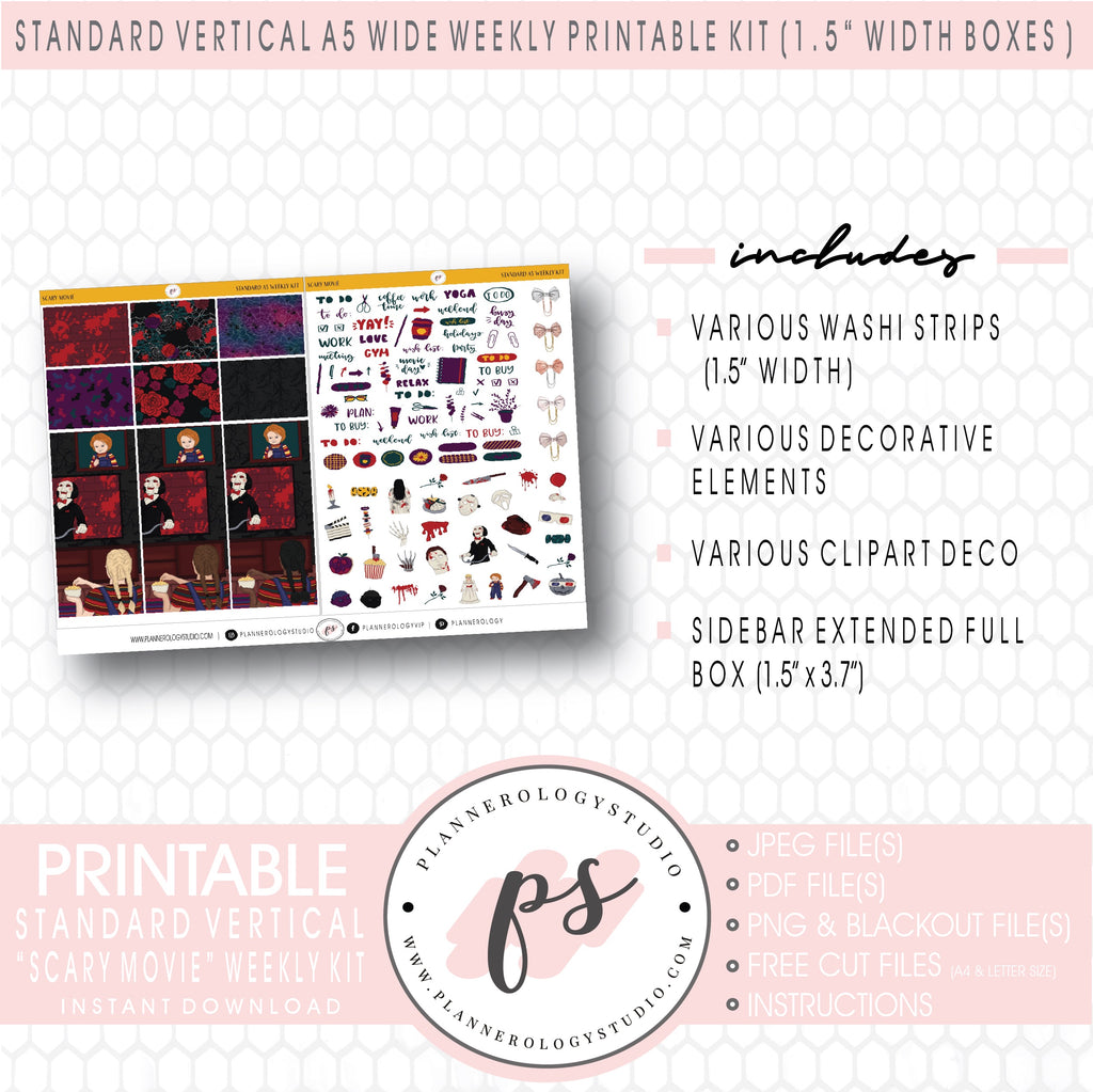 Scary Movie (Halloween) Weekly Digital Printable Planner Stickers Kit (for use with Standard Vertical A5 Wide Planners)