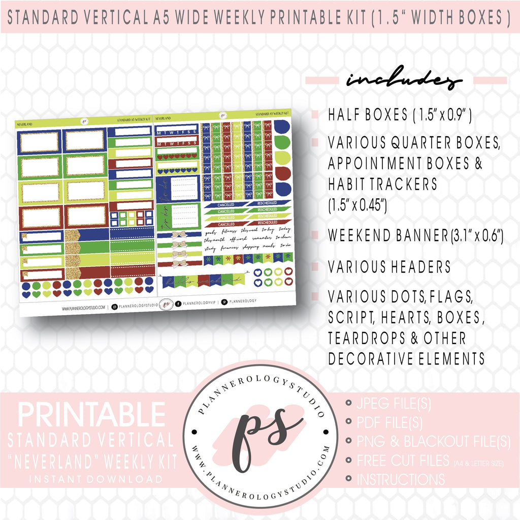 Neverland Weekly Digital Printable Planner Stickers Kit (for use with Standard Vertical A5 Wide Planners)