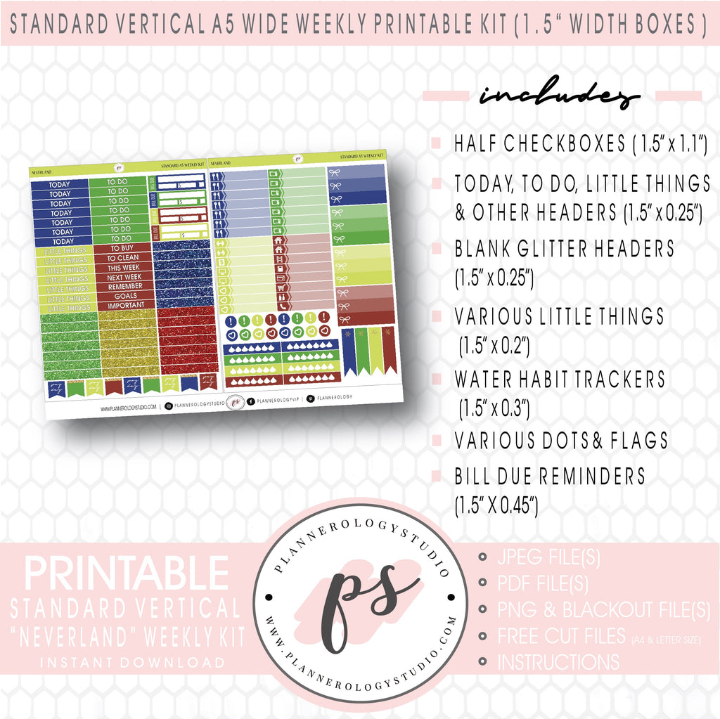 Neverland Weekly Digital Printable Planner Stickers Kit (for use with Standard Vertical A5 Wide Planners)