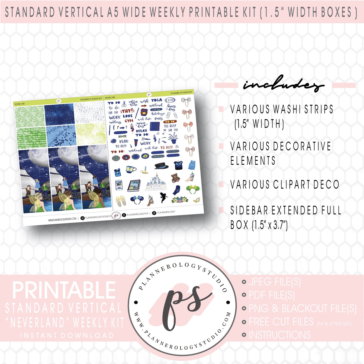 Neverland Weekly Digital Printable Planner Stickers Kit (for use with Standard Vertical A5 Wide Planners)