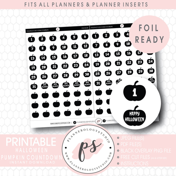 Halloween Countdown Digital Printable Planner Stickers (Foil Ready)