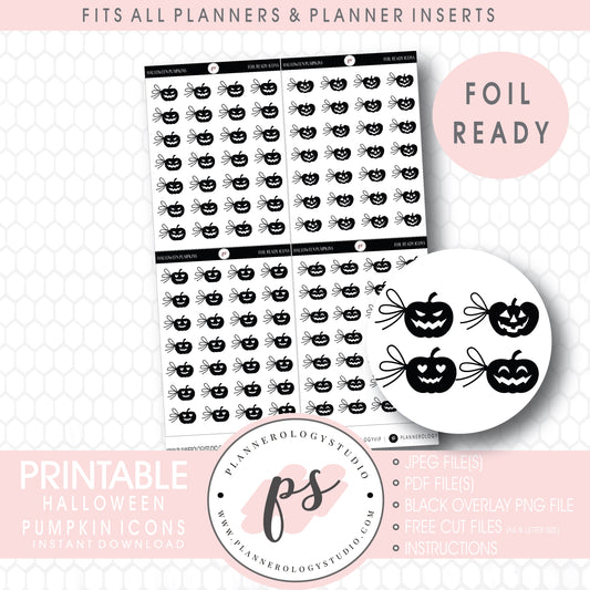 Halloween Pumpkin Side Bow Icons Digital Printable Planner Stickers (Foil Ready)